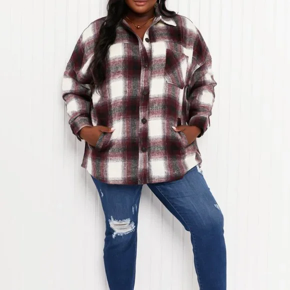 Zenana Autumn Evening Full Size Plaid Longline Shacket in Burgundy - Picture 3 of 9